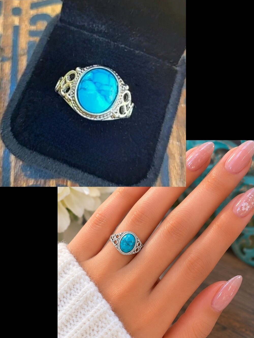 Beautiful silver ring with turquoise stone center Sz 6 an 9 available! NEW